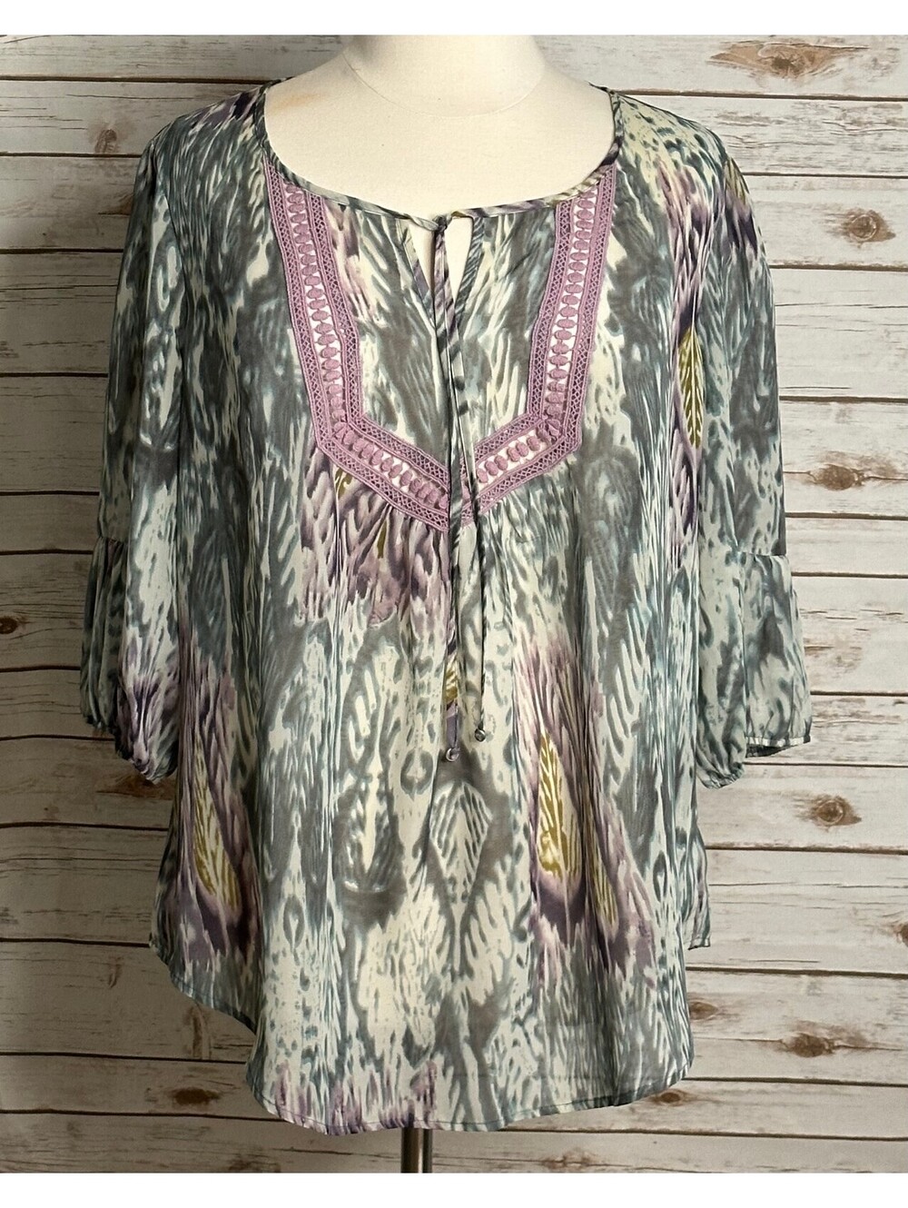 Marc Bouwer multicolored embroidered 3/4 sleeve semi-sheer peasant blouse 2X